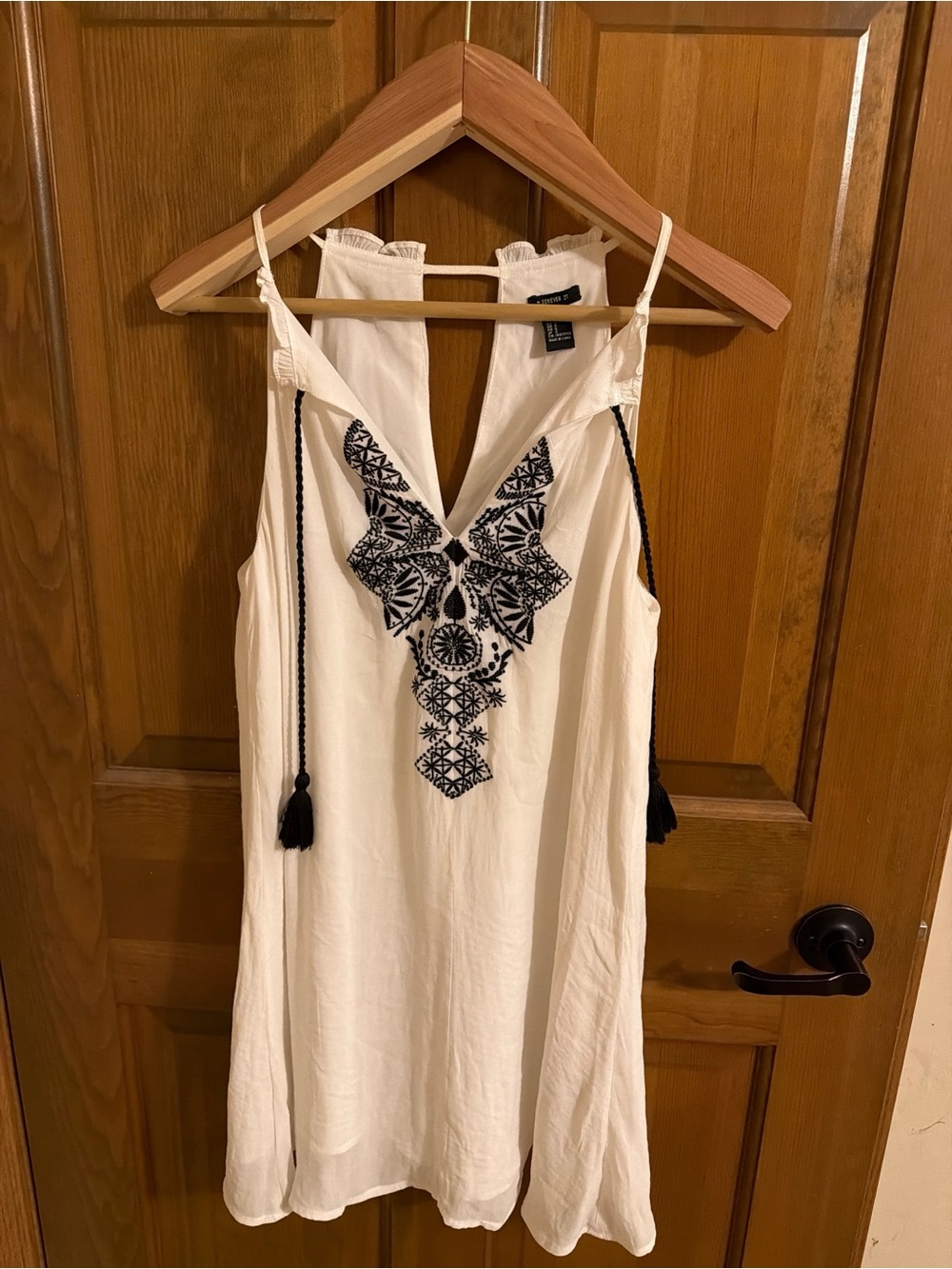 Forever 21 Boho White Embroidered Halter Mini Dress with Tassels - Size S